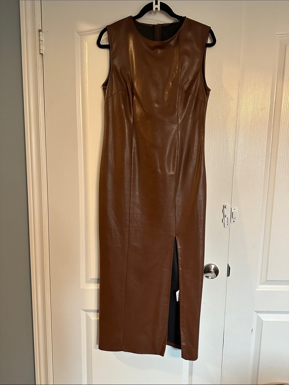 Zara Brown Faux Leather Midi Dress with Front Slit